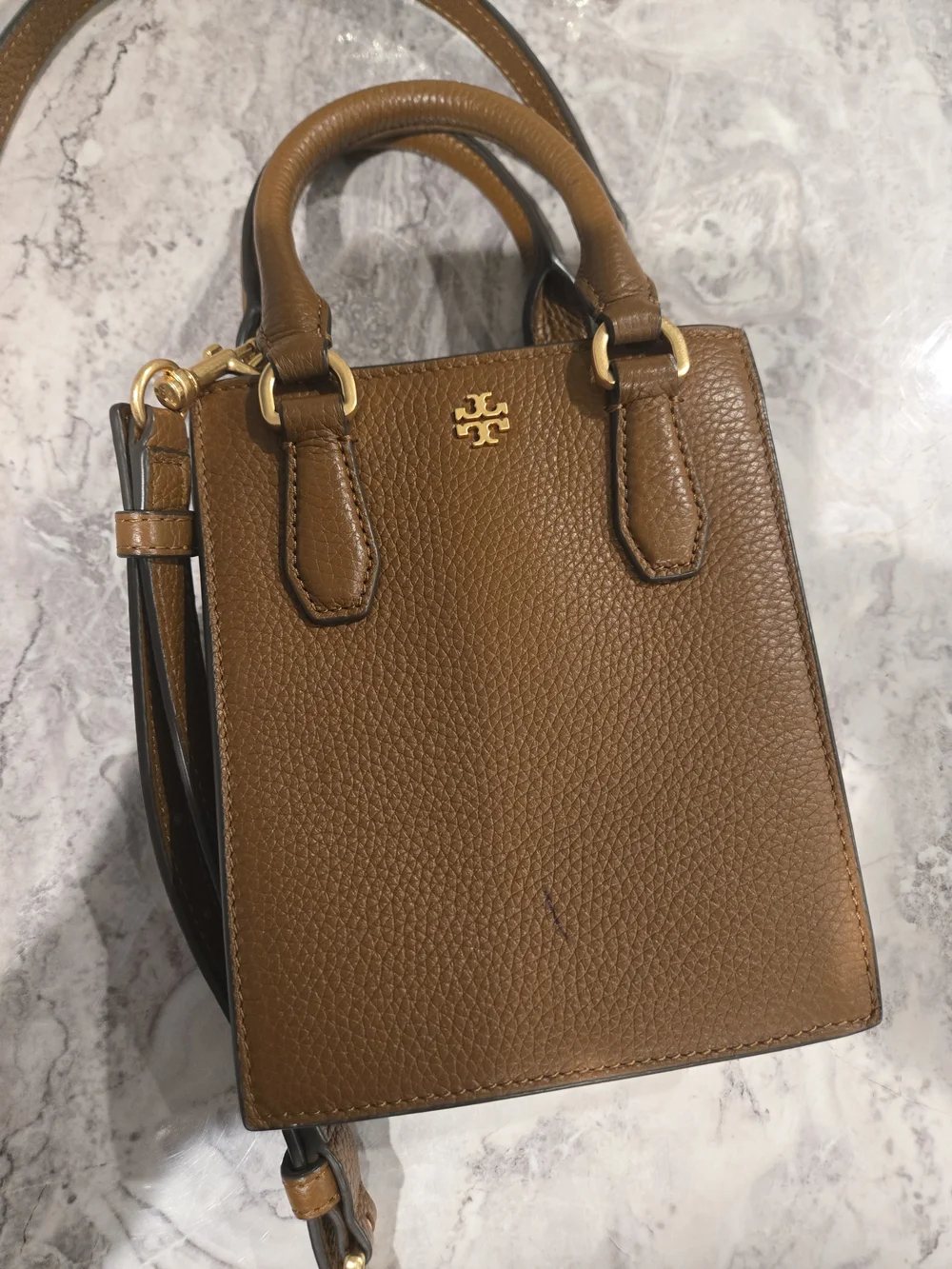 Tory Burch Tan Pebbled Leather Mini Satchel with Gold Logo - Picture 1 of 3